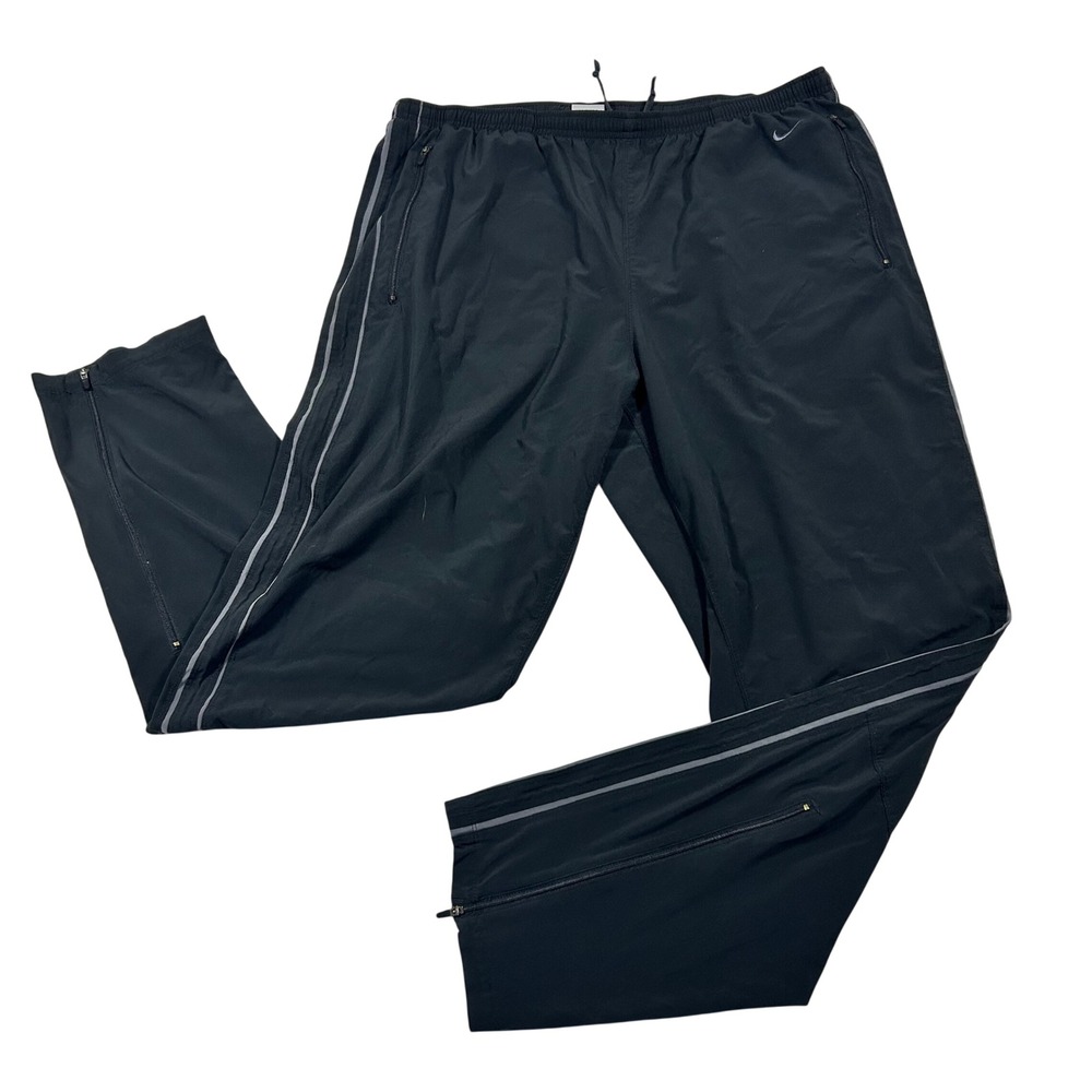 Y2K Nike Track Pants Mens Large Black Dri-FIT Reflective Stripe Zipper Ankle